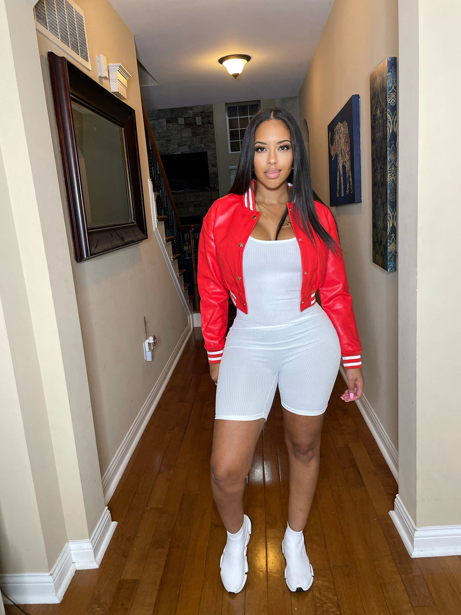 Varsity leather in red After5 Clothing