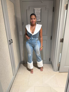 Denim & fur jumpsuit