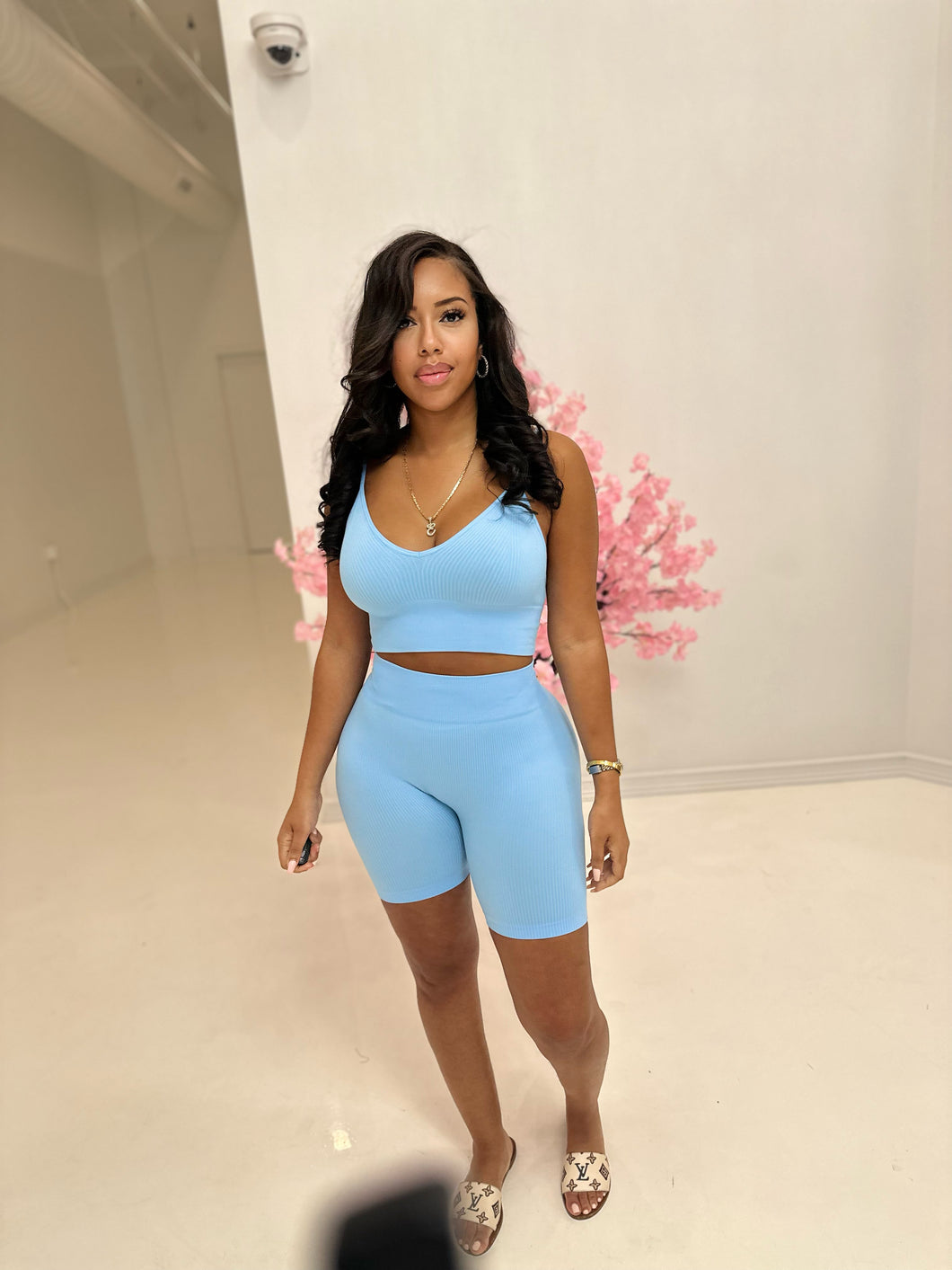 Ribbed cami set in baby blue